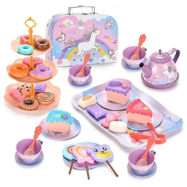 Little Girls Tea Set, Princess Afternoon Tea Toy Playset, Kökslåtsasleksaker, Tekanna porslin Dessert och resväska, Barn leker plåtburk Tea Party Fav unicorn