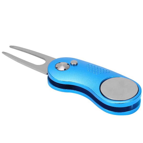 Golf Divot Repair Tool i Rustfritt Stål og Aluminium med Automatisk Fjær, Brettebart, Blå