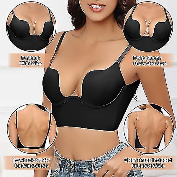 Dyp U-Utringet Push-Up BH med Klar Stropp - Svart 70C