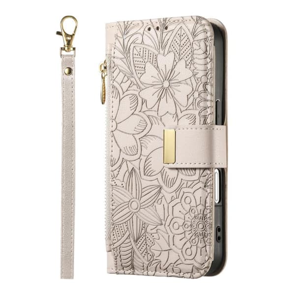 iPhone 16 Pro-deksel med blomster og blader, lommebok med glidelås og stropp Kaki