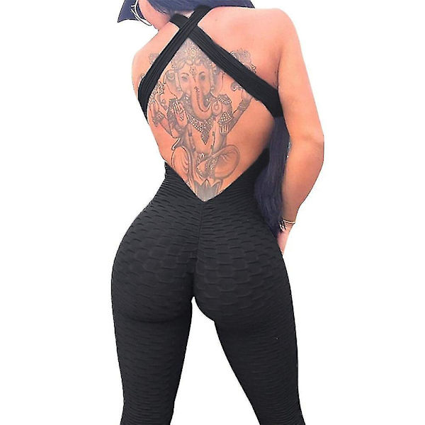 Yoga Fitness Scrunch Butt Krydsryg Bodysuit Sort