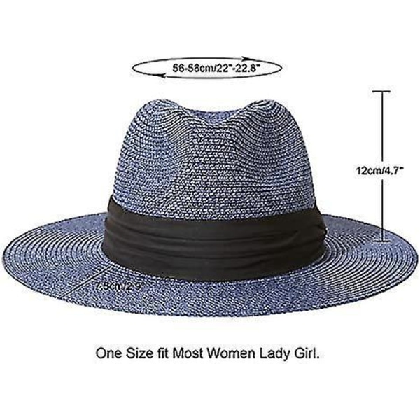 Blå Bred Brätte Halm Panama Hatt med Bältespänne, Upprullningsbar Fedora