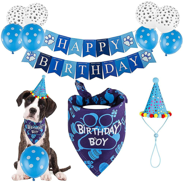 Hundefødselsdagsbandana med hat og banner til festartikler Blue