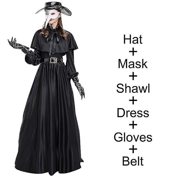 Plague Doctor Halloween Kostume med Steampunk Præstekappe og Fuglenæbmaske XXL