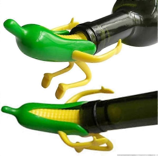 2-pack roliga plastproppar för vinflaskor (gul och grön majs)