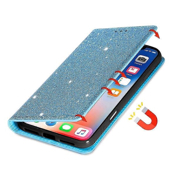 Cover til iPhone 16 Plus, glitrende PU-læder + TPU med kortholder - Rosa Blue