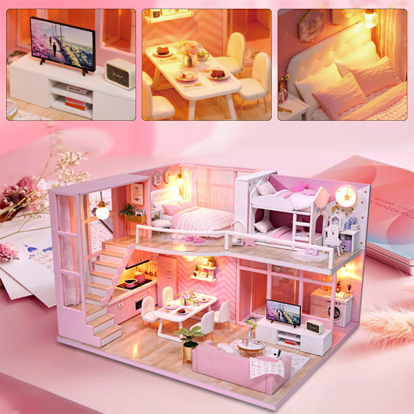 DIY handgjorda miniatyr rosa flicka trä loft dockhus modell kit leksak gåva