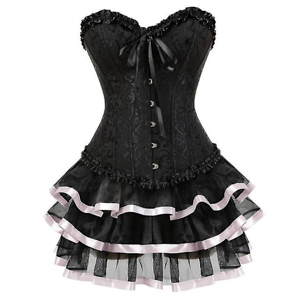 Plus Size Rosa Burlesque Korsett Klänning Set - Sexig Överbyst Korsett med Minikjol