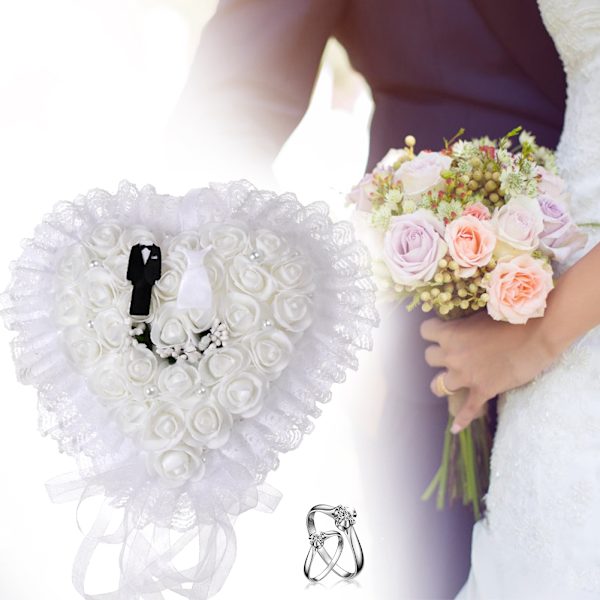 Elegant Hvit Hjerteformet Bryllup Brudgom Brud Ring Pute Holder BoxWhite
