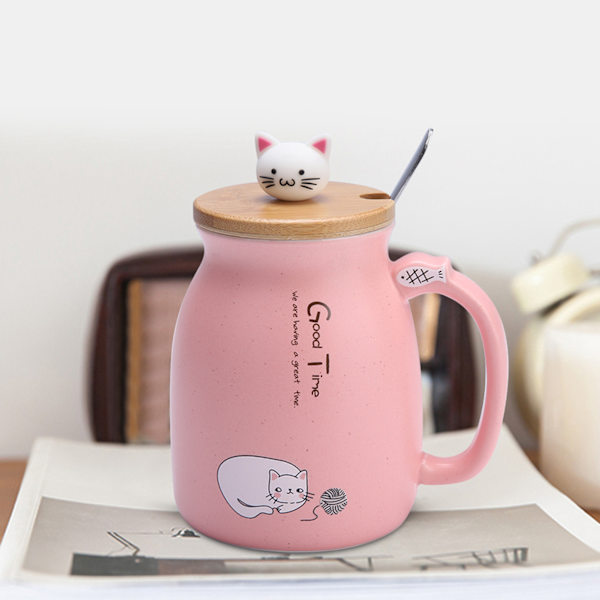 1st Lovely Cat Keramikkopp med sked och lock Kaffevatten Mjölkmugg för Dryckespresent (Rosa)