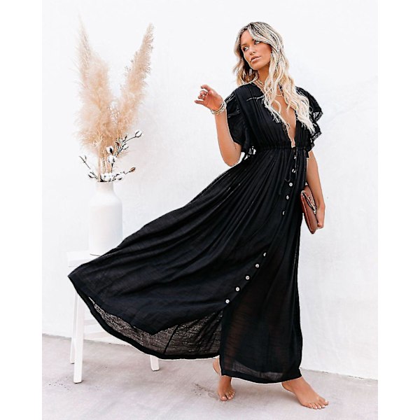 Sommer Sexy Sort V-hals Maxi Kjole Strand Cover Up