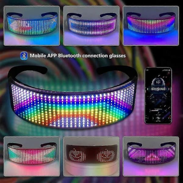 Fullfarge LED-briller med mobilapp, Bluetooth-kontroll, display, strikk-disko, elektriske stavelser, lysende briller