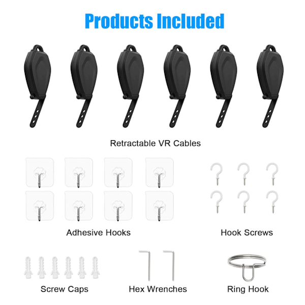 6 stk VR-kabelhåndtering for Quest 2 for Rift S for Valve Index for HTC Vive for HP Reverb G2 for PSVR Link-kabel