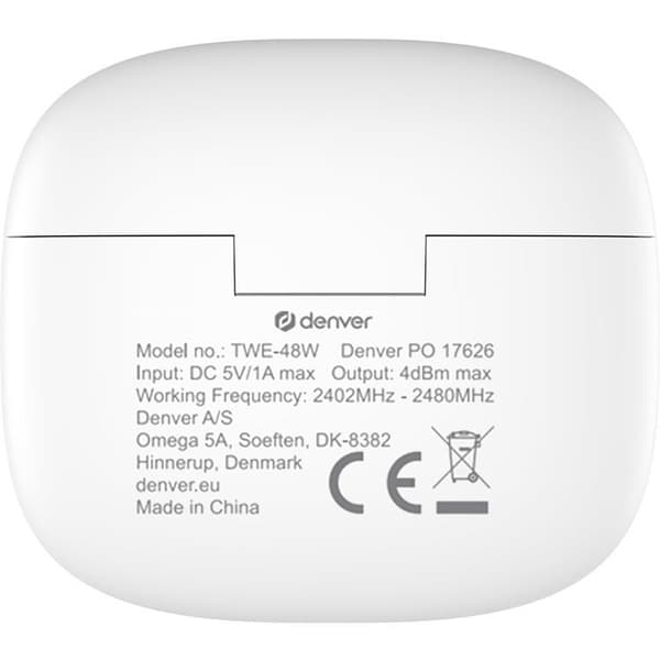 DENVER TWE48W Trådløs Bluetooth Hodetelefon med Ladeetui Vit True Wireless Stereo (TWS)