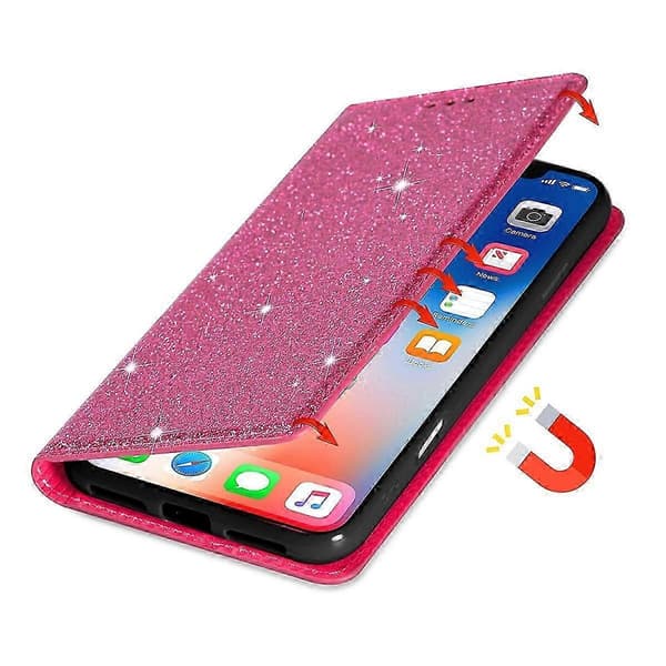 Cover til iPhone 16 Plus, glitrende PU-læder + TPU med kortholder - Rosa Rose