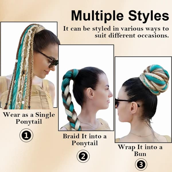 [LD] Elastisk Dread Ponytail, med Hårrep, Boho Flätad Hästsvansförlängning, med Pärlor, Snäckor och Berlocker, Handflätad Lång Dreadlock Hästsvans Red and Black