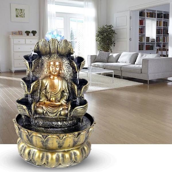 Työpöydän fontäänikoriste Buddha virtaava vesi koristeella valolla ja pallokoristeella HomeUS-liitäntä 110V