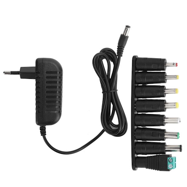 Nätadapter 12V 2A för LED-remsor, Växlande Laddare med 8 DC-Omvandlingspluggar, 100‑240VEU-kontakt