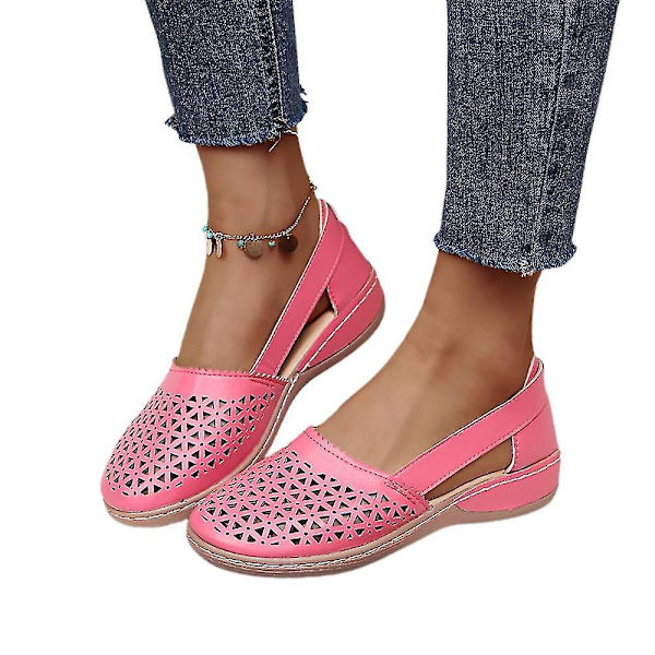 Rosa röda ihåliga kilklacksandaler för kvinnor, bekväma slip-on-stil