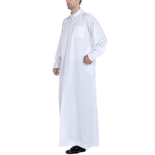 Muslimsk herr vit enfärgad lång kappa Thobe Kaftan klänning aftonklänning