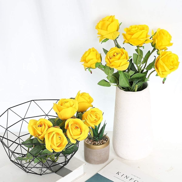 12 st konstgjorda blommor realistiska rosor bukett lång stjälk för hem bröllop dekoration fest (gul)