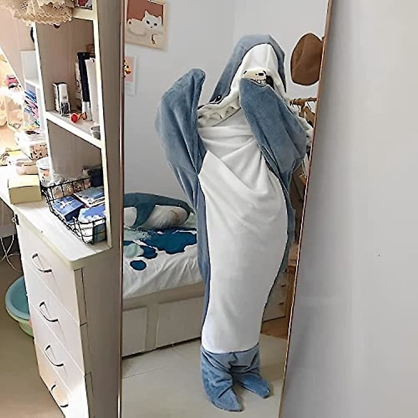 Haj Blanket Hoodie til Voksne - Super Blød og Cozy Flannel Sovepose XL Blå