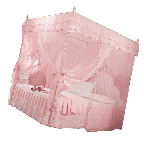 Luxury Princess 3 sidoöppningar Stolpsäng Gardin Baldakin Nät Myggnätsängkläder (Rosa M)