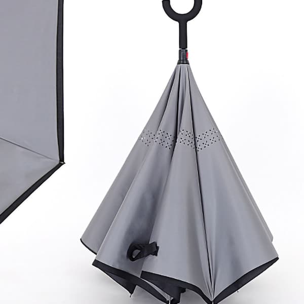 Double Reverse Umbrella Fiber Waterproof Lightweight Inverted Umbrella with C-Shaped Handle Grey