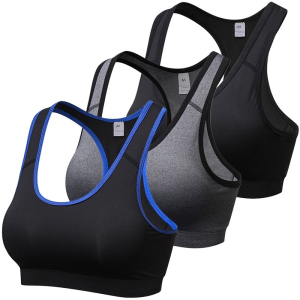 3-pack vadderade sportbehåar för kvinnor Racerback Gym Fitness Workout Löp-BH Activewear-topp, modell: S