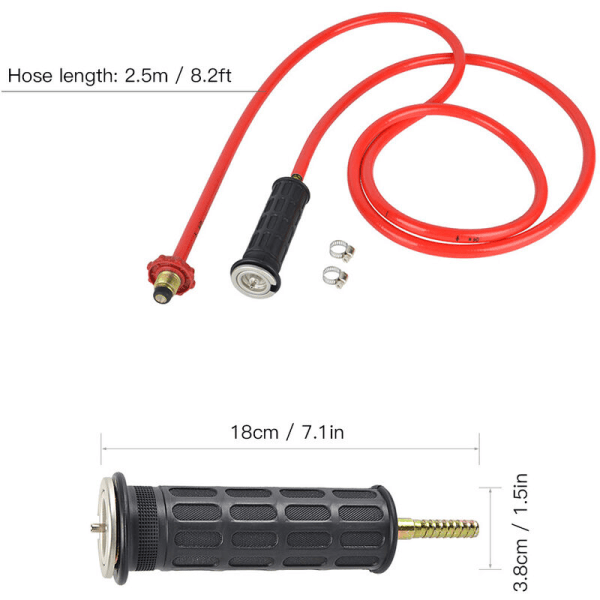 Adapterkonverter for flytende gassovn med 2,5 m gassbrennerslange for campingkassett gasskomfyr, modell: svart og rød