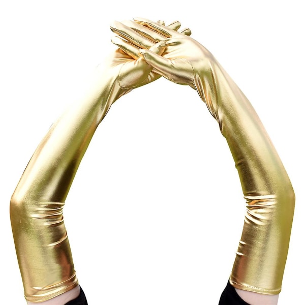 Sexede sorte lange elastiske patentlæderhandsker 54 cm Pole Dance Performance Halloween kostume Gold