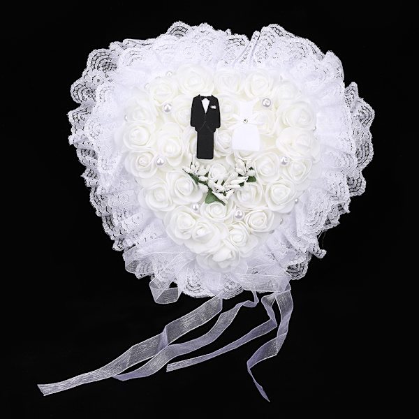 Elegant Hvit Hjerteformet Bryllup Brudgom Brud Ring Pute Holder BoxWhite