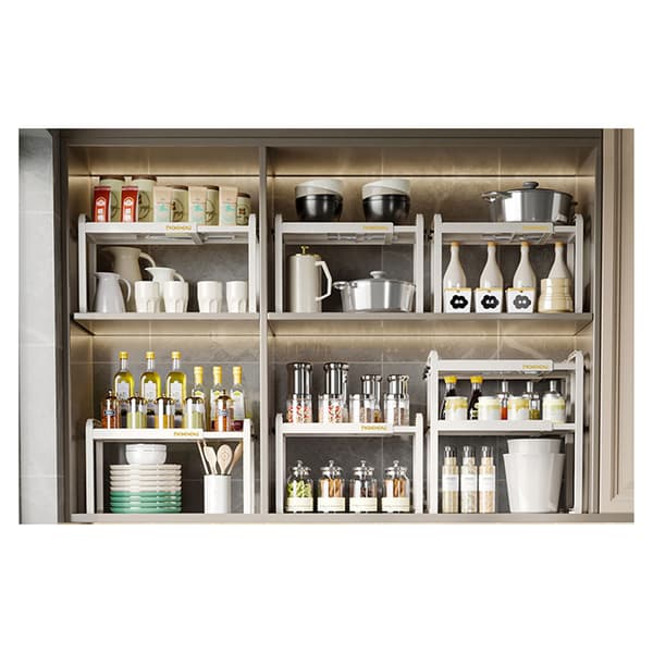 Countertop Kitchen Storage Rack White Plastic Double Layer Telescopic Kitchen Shelf Organizer for Home Stove Sink 8512 1