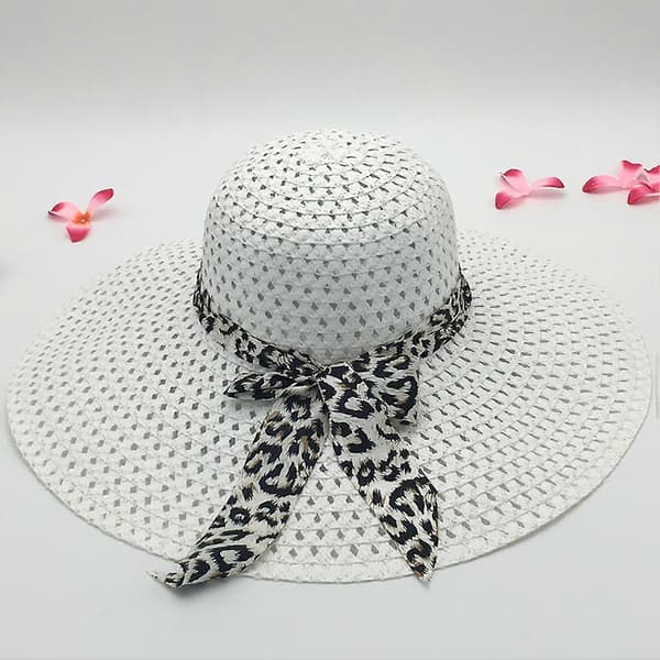 Solskyddsmedel Flätad Vikbar Stråhatt Leopard Rosettdekor Bred Brätte Dam Strandhatt Modeaccessoarer Khaki