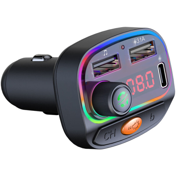 USB C billaddare BT FM-laddare Färgglad bakgrundsbelyst handsfree-samtal Musikspelare med dubbla USB portar, modell: svart