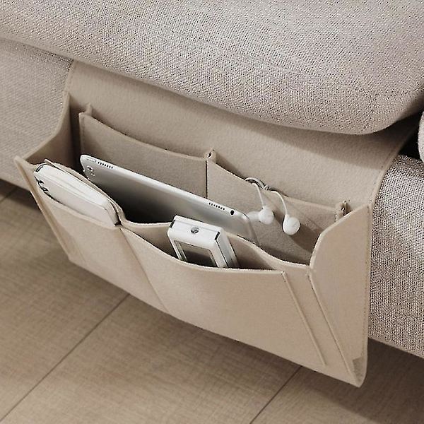 Filtet Sengeborde Opbevaringspose med Lommer - Telefonarrangør til Seng, Sofa, Skrivebord (Beige)
