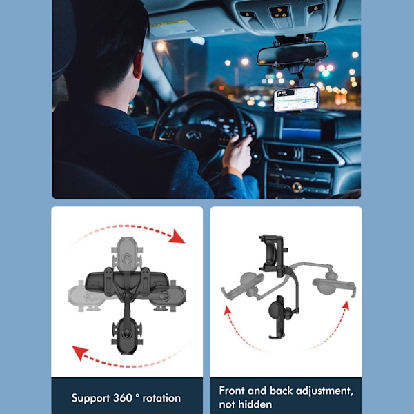 Bilstøtte for bakspeil, mobiltelefonholder, navigasjonsbrakett, 360° roterbar, teleskopisk, multifunksjonell, mobiltelefonholder, dashcam-holder