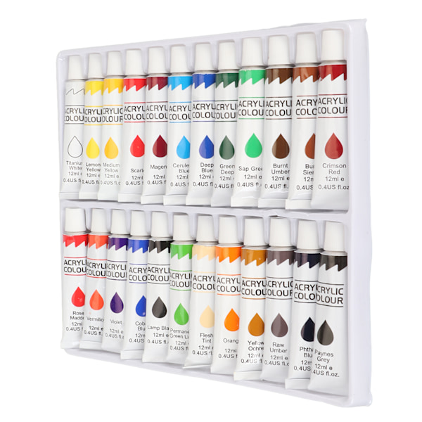 24 Farver Gouache Tube Sæt 12ml Hver Vandtæt Stærk Dækkeevne Akryl Maling Sæt med Farvekort til Stof Sten