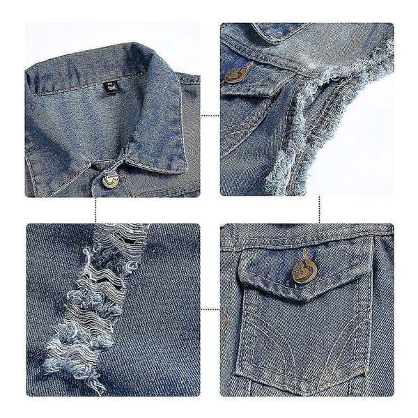 Herr Casual Ripped Lapel Ärmlös Denim Bomullsjacka Blue XL