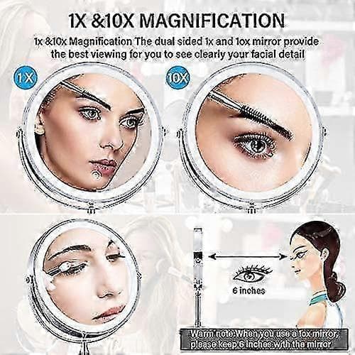 10x Forstørrende makeup-spejl med lys 8 tommer dobbeltsidet genopladeligt dæmpbart Chrome