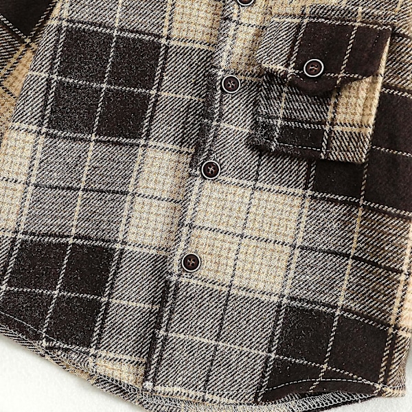 Flanellskjortejakke med rutete mønster for babyjenter og gutter, småbarnsjakke med revers og knapper, langærmet jakke for høst og vinter (6-12 måneder, D-kaffe)