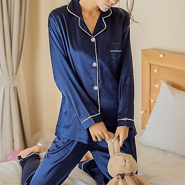 Siden Satin Långärmad Pyjamas Set för Kvinnor, Storlek M, Blå