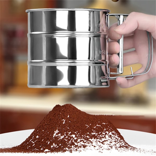 Rustfrit Stål Bage Shaker Sive Kop Mesh Sving Mel Sifter med Måleskala