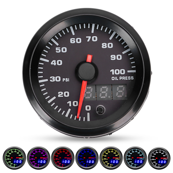12V 2in oljetrycksmätare 0-100PSI meter 7 färger LED-skärm med sensor Universal för bil
