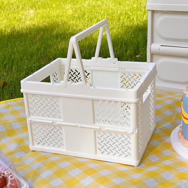 Foldable Picnic Basket Stackable Storage Box Plastic Grocery Basket with Handle for Outdoor Use Milky White
