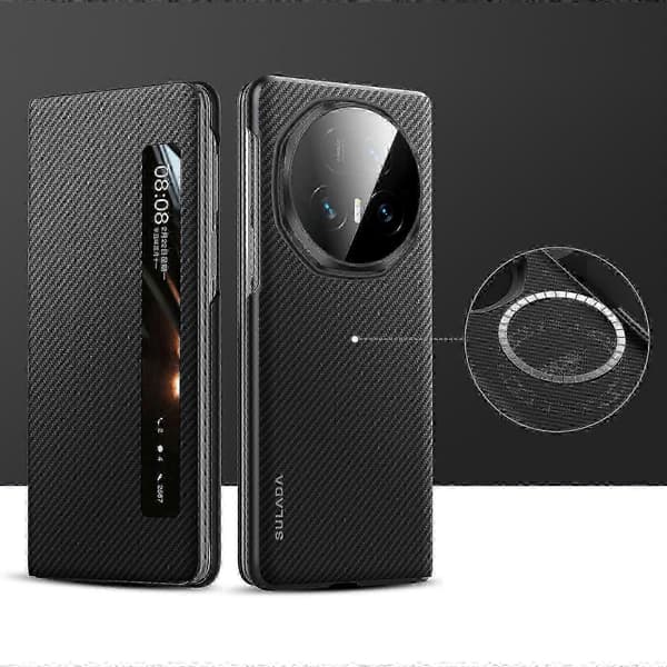SULADA Kevlar 600D Texturerat Smart Window Läderfodral Kompatibel med Honor Magic V5 Black
