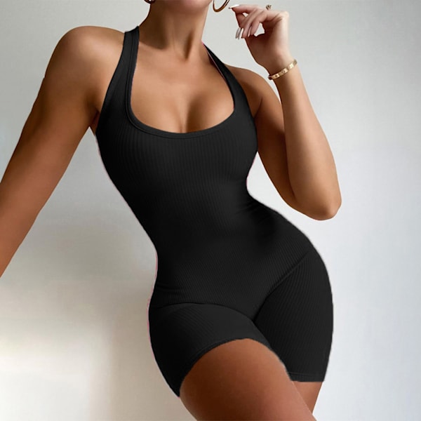 Dame Sport Jumpsuit One Piece Lin Høy midje Ærmeløs Bodysuit for Fitness Running L Svart
