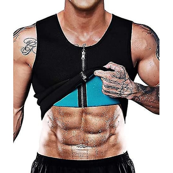 Sauna Vest til Mænd - Neopren Waist Trainer Korset med Lynlås, 2XL Sort Blå