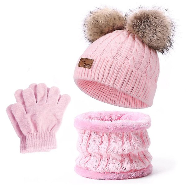 Hattørklæde og handskesæt, vinterhatte til børn 3-delt, beanie halsvarmer og handsker til børn Pink