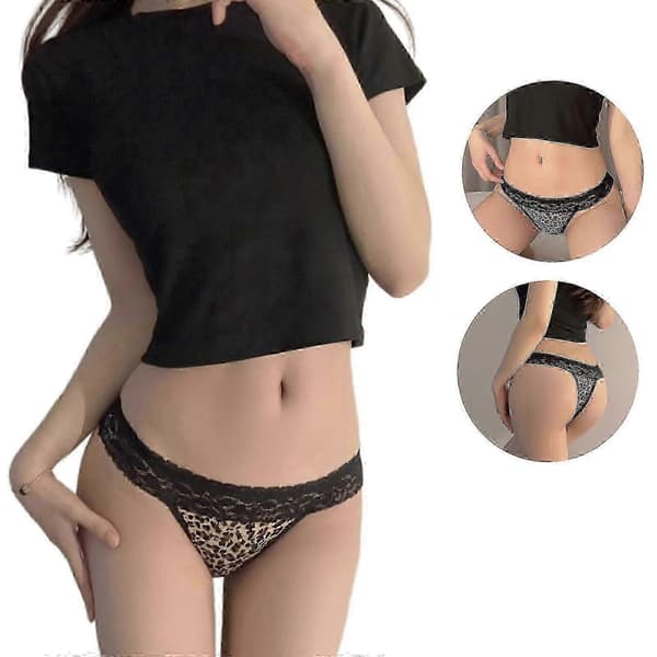 Leopardmönster Kontrast Spetsunderkläder Trosor Dam Triangulära Trosor Låg Midja Bikiniunderkläder T-Back G-String Thong 8812 L